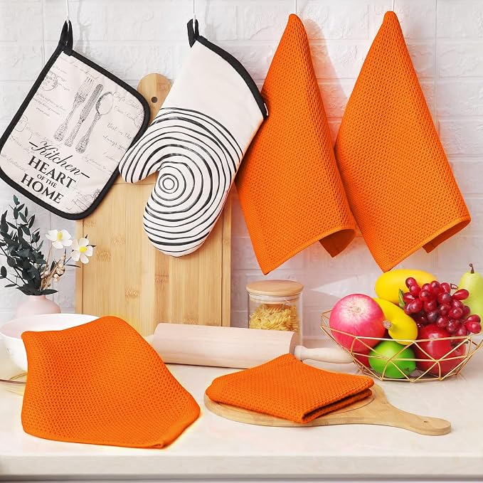 Homaxy 100% Cotton Waffle Weave Kitchen Dish Cloths 6-Pack, Orange | 12 x 12 Inches, Ultra Soft Absorbent Dish Towels, Quick Drying Dish Rags with Hanging Loop