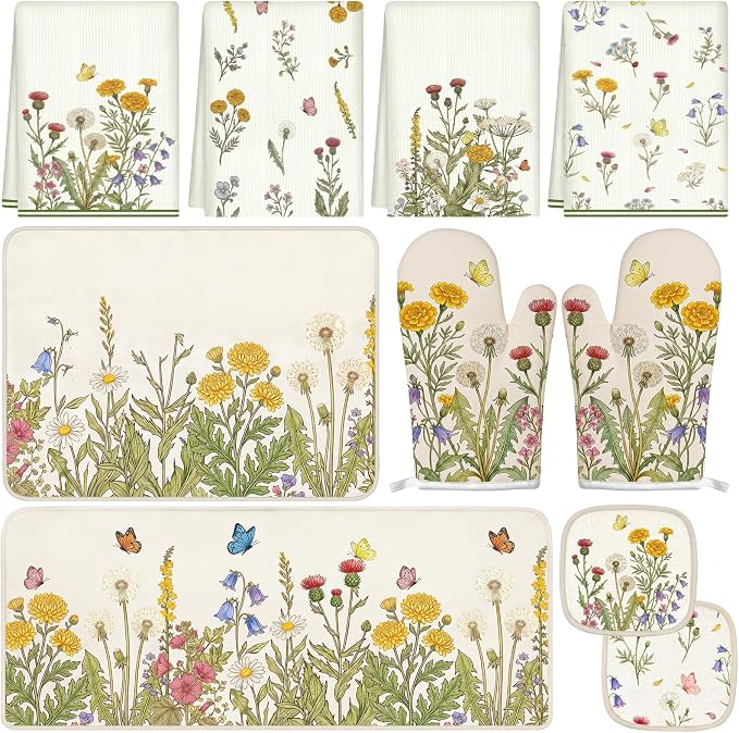 Tieshankao 10Pcs Wildflower Kitchen Decor Accessories Set | Green Wildflower Floral Theme, Kitchen Towels, Oven Mitts, Pot Holders, Rugs and Mats, Baking Supplies, Housewarming Gifts