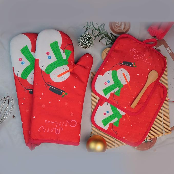 Oven Mitts and Potholders BBQ Gloves-Oven Mitts and Pot Holders with Recycled Infill Silicone Non-Slip Cooking Gloves for Cooking Baking Grilling (4-Piece Set) (Red Christmas Snow)