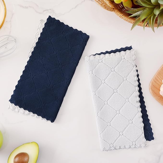 Homaxy 12 Pack Super Soft Dish Cloths, 10" x 10", Navy Blue & White | Coral Velvet, Nonstick Oil Fast Drying Microfiber Cleaning Cloth, No Lint Household Dishcloths