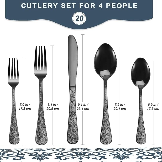 Runfly Vintage Carved Black Stainless Steel 20-Piece Flatware Set | Silverware Set, Modern Embossed Cutlery Set Utensils Kitchen Including Fork Spoon and Knife