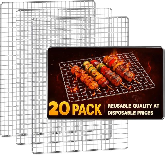 Grill Topper, 20 Pcs Disposable Grill Grates, 11.8 x 15.7 Inch Baking Rack | Toss after one cook, no scrub brush, fine grid holds small bites, galvanized iron mesh fits charcoal, gas, smoker grates