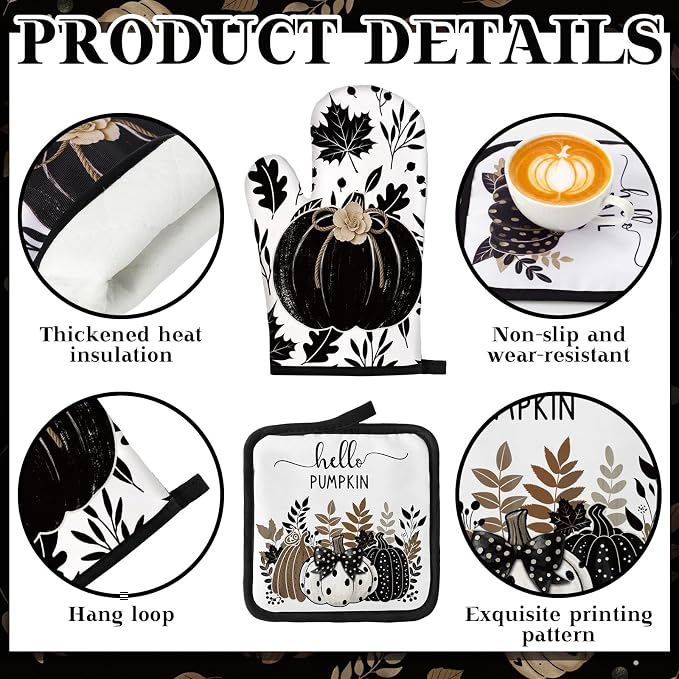 Fanfanwin 10 Pcs Fall Black Pumpkin Kitchen Decor Set Kitchen Towels Pot Holders Oven Mitts and Rugs Set Thanksgiving Towels for Cooking Baking Gift Harvest Autumn Home Decor