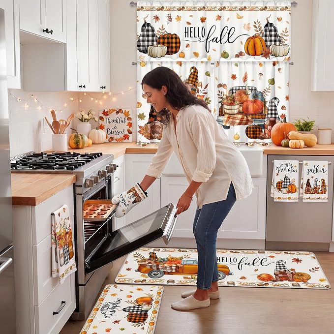 13 Pcs Fall Thanksgiving Kitchen Set with Pumpkin Towels Nonslip Mats Curtains Fall Valance Pot Holders Oven Mitts for Home Cooking Grilling Gift Harvest Autumn Home Decor