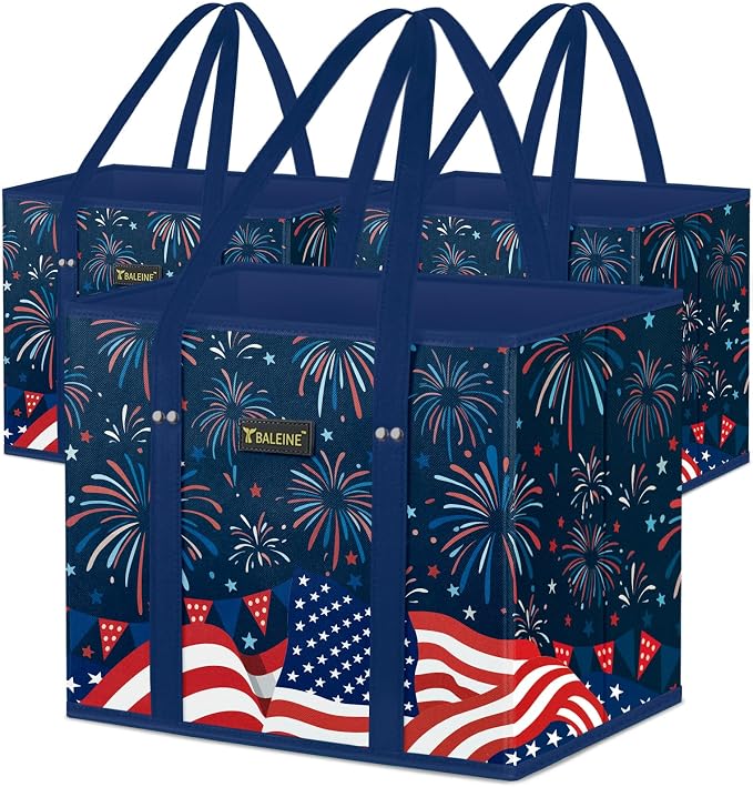 BALEINE 3PK Reusable Grocery Bags, Heavy Duty Shopping Tote Bag | 12'' Long Handles, Reinforced Bottom Keeps Upright, Fold Flat Storage, Water-Resistant Shopping Bag, Multiple Color Options