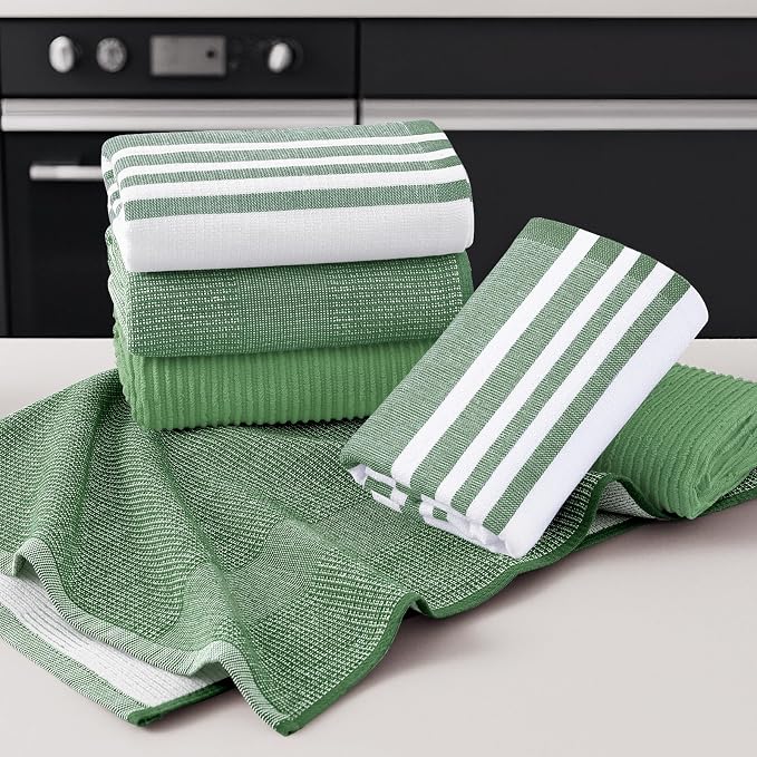 Homaxy Cotton 380 GSM Premium Kitchen Towels, 18"x28", 12 Pack, GrassGreen | Soft and Absorbent Terry Dish Towels, Multipurpose Tea Towel Set with Hanging Loop, 3 Styles Kitchen Hand Towels