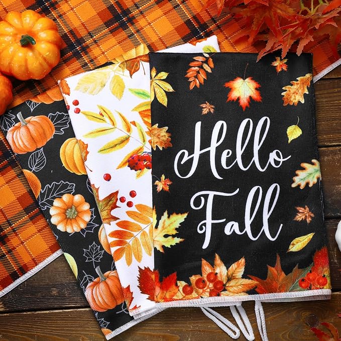 4 Pcs Fall Kitchen Towels Maple Leaves Hand Dish Towels Gift | Pumpkin Orange Fall Decor Absorbent Fast Drying Tea Cloth Housewarming Gift for Thanksgiving Autumn Cooking Kitchen Bathroom