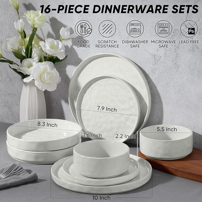 E-far Stoneware Dinnerware Set, 16-Piece White Plates and Bowls Sets for 4 | Modern Ripple Design Dishes Set for Kitchen Dining, Chip & Scratch Resistant, Microwave & Dishwasher Safe, Speckled White