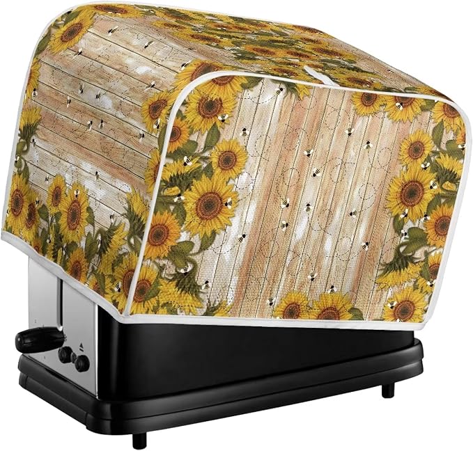 Sunflower Bee Print Toaster Cover For Home Office, Spandex Quilted Toaster Cover 4 Slice Wide Slot Breadmaker Covers Stain And Fingerprint Protection, Yellow