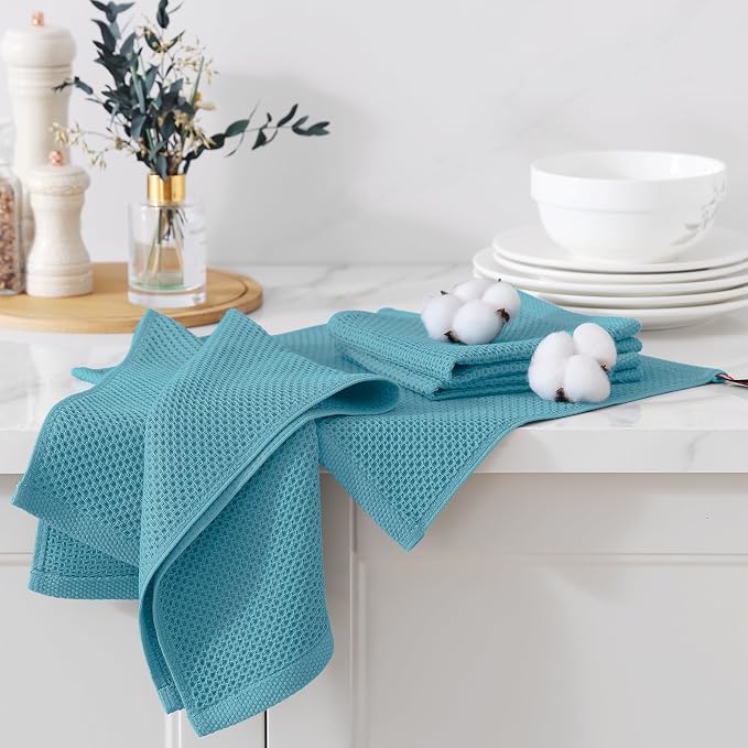 Kitinjoy 100% Cotton Waffle 6-Pack Kitchen Towels, 12" x 12", Lake Blue | Ultra Absorbent, Super Soft, lightweight, Quick Drying Dish Rags for Washing Dishes
