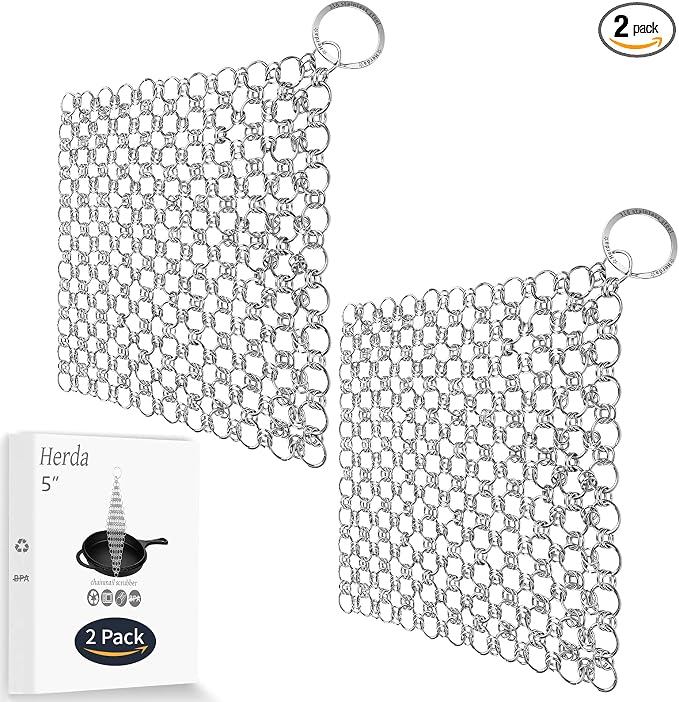 2pcs 5" Chain Mail Cast Iron Cleaner Scrubber, 316 Chainmail Scrubber | Stianless Steel Skillet Cleaning Brush, Chainmail Scrubber Metal Brush to Clean Dutch Oven Carbon Steel Wok Grill Pan Pot