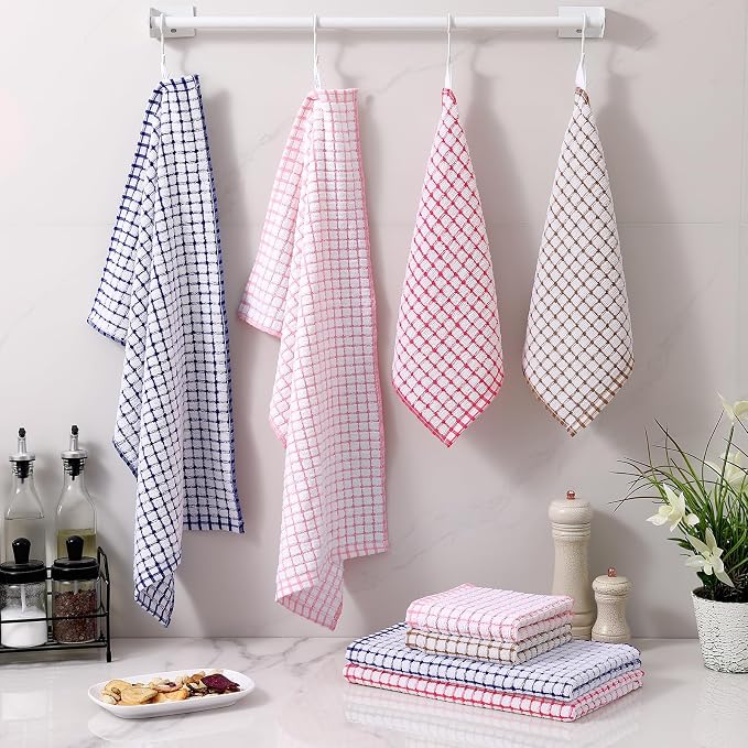 Homaxy Kitchen Towels and Dishcloths Set, Set of 16, Blue/Pink/Red/Brown | Cotton Terry Kitchen Dish Towels, Super Soft and Absorbent Dish Cloths, 16 x 25 and 12 x 12 Inches