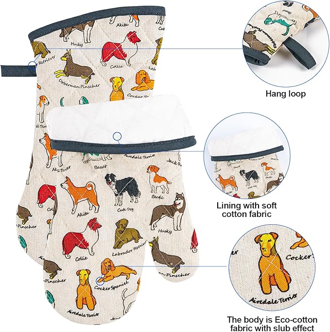 Alselo Oven Mitts and Pot Holders with Chef Apron,Kitchen Set of 5 | Heat Resistant Kitchen Gloves and Silicone Non-Slip Potholders Adjustable Neck Buckle Chef Apron, Cotton Dog Design (Dog)