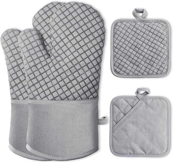 Pynqdfu 4 Pcs Oven Mitts and Pot Holders,High Heat Resistant 500 Degree Glove with Silicone Non-Slip Surface,Extra Thicken Long Kitchen Cotton Oven Glove for Baking,Cooking,Grilling(Light Gray)