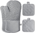 Pynqdfu 4 Pcs Oven Mitts and Pot Holders,High Heat Resistant 500 Degree Glove with Silicone Non-Slip Surface,Extra Thicken Long Kitchen Cotton Oven Glove for Baking,Cooking,Grilling(Light Gray)