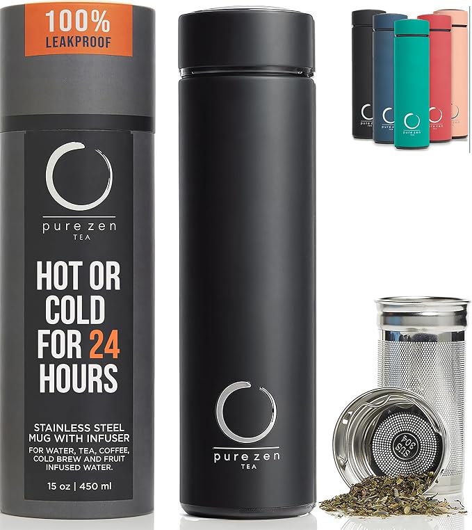 Pure Zen Tea Insulated Tea Infuser Bottle, 15 oz, Tea Thermos with Infuser | Leakproof, Hot and Cold 24 Hrs - for Tea, Coffee and Water, Stainless Steel, Tea Gift Set, Tea Tumbler with Infuser, Blue