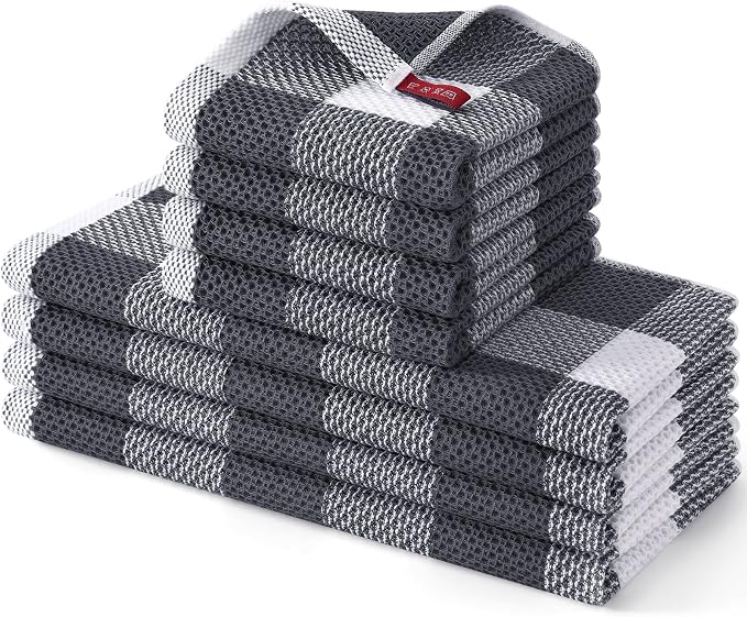 Homaxy Kitchen Towels and Dishcloths Set, Set of 8, White & Dark Grey | Bulk Cotton Waffle Weave Check Plaid Kitchen Towels, Super Soft and Absorbent Dish Cloths, 12 x 12 and 13 x 28 Inches