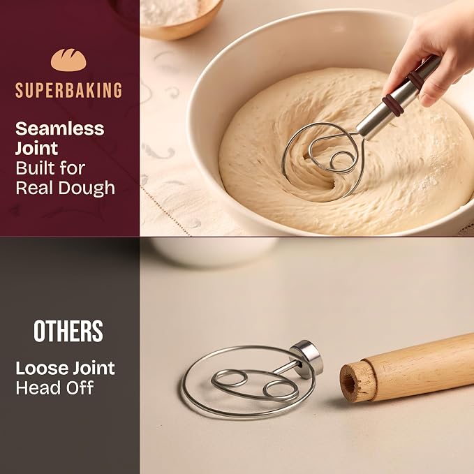 Superbaking Danish Dough Whisk 12" Bread Whisk | Single Eye Design, Sourdough Bread Baking, Ergonomic, Stainless Steel