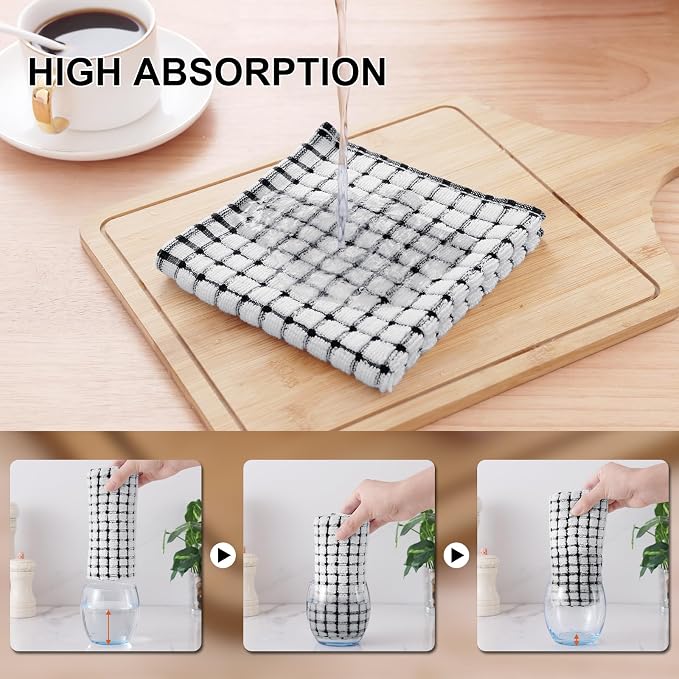Kitinjoy Cotton 8 Pack Terry Kitchen Dish Cloths, Black | 12 x 12 Inches Super Soft and Absorbent Dish Rags, Quick Drying Dish towels for Washing Dishes