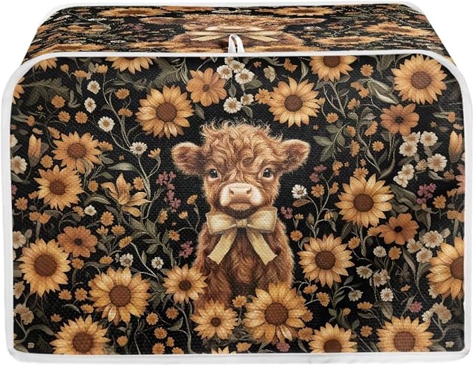 Highland Cow Sunflower Toaster Cover 4 Slice Dustproof Toaster Bread Maker Cover Small Kitchen Appliance Fingerprint Protection Kitchen Decor
