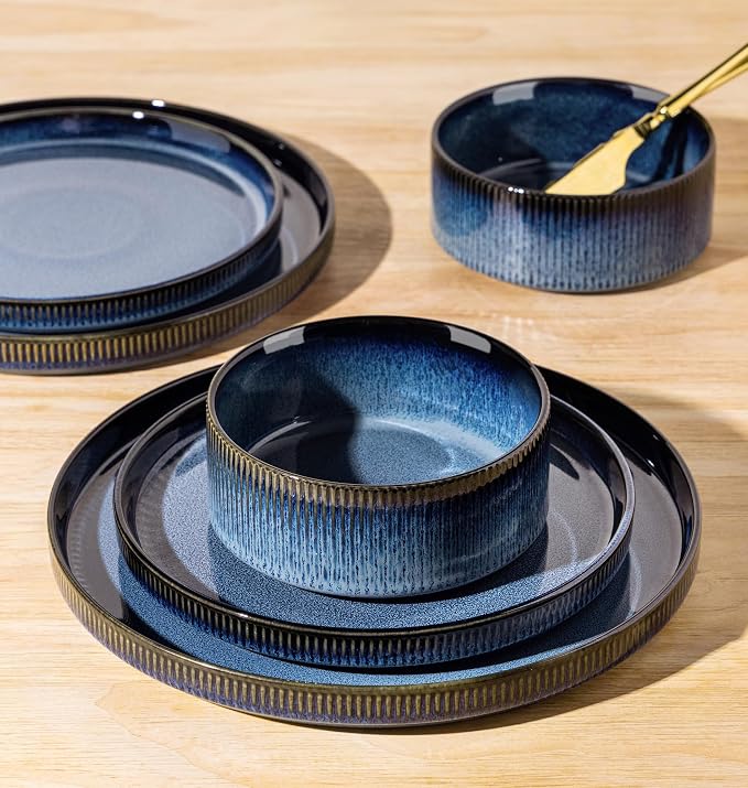 Ceramic Dinnerware Set for 4, 12-Piece Plates and Bowls Set | Lightweight Porcelain Dish Set, Scratch Resistant, Oven & Microwave & Dishwasher Safe, Starry Blue