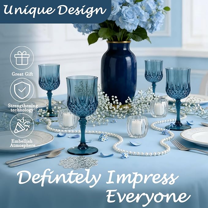 24Pack Plastic Wine Glasses, 7oz Vintage Goblets for Wedding | Unbreakable Crystal Style Reusable Stemware, Elegant Navy Blue Drinking Glass for Party Anniversary & Holiday Celebration