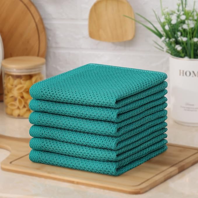 Kitinjoy 100% Cotton Waffle 6-Pack Kitchen Towels, 12" x 12", Teal | Ultra Absorbent, Super Soft, lightweight, Quick Drying Dish Rags for Washing Dishes