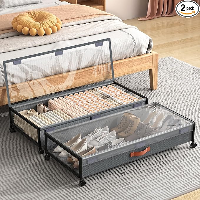 Under Bed Storage Containers with Wheels Large Underbed Shoes Blankets Clothes Toy Storage Drawers for College Dorms Bedrooms Nursery Rooms Organization (Grey 2 Pack, 7.5in height(36"x16.6"x7.48"))