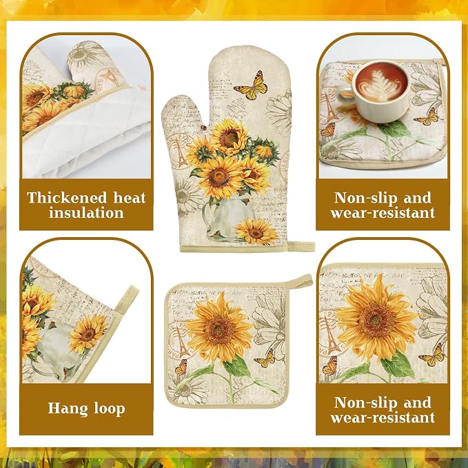 16 Pcs Farmhouse Sunflower Kitchen Decor Set 4 Kitchen Towels 2 Non Slip Rugs and Mats for Floor 4 Placemats 2 Curtains 2 Rustic Oven Mitts Gloves 2 Pot Holders for Home Decor Mom Cooking Gift