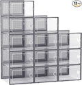 Kuject 12 Pack Large Shoe Boxes, Clear Stackable Containers with Lids,Grey | Shoe organizers for closet & entryway, under-bed,Drop-front design fits women's size 10