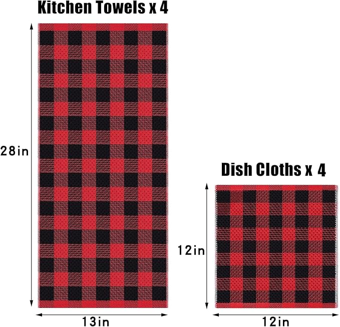 Homaxy Kitchen Towels and Dishcloths Set, Set of 8, Red & Black | Bulk Cotton Waffle Weave Check Plaid Kitchen Towels, Super Soft and Absorbent Dish Cloths, 12 x 12 and 13 x 28 Inches
