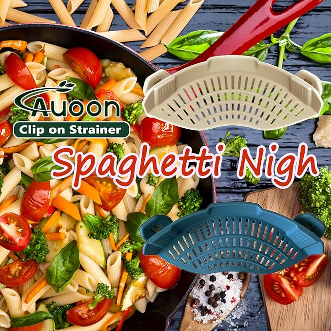 AUOON Pasta Strainer Clip on Silicone, Standard 8.86 x 3.55 in, MilkShake | BPA-free, Fits All Pots Pans Bowls, Dishwasher Safe, for Meat Noodles Vegetable Fruits, Space-saving Kitchen Gadget