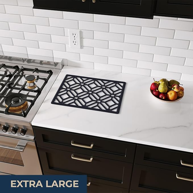 GASARÉ, Extra Large, Thick, Silicone Trivet for Hot Dishes, Pots, and Pans, Heat Resistant Mat for Countertop, Hot Pad for Kitchen, Easy to Clean, 16 x 12 x 3/8 Inches, (Black, Geometric)