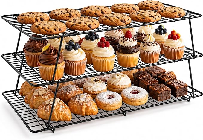 Cooling Rack 16"x10", 3-Tier Stackable & Collapsible Cooling Racks | Cooling Racks for Cooking and Baking, Roasting, Grilling, Oven & Dishwasher Safe (Black, 3-Tier-SL)