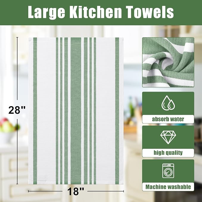 Homaxy Premium Cotton Stripe Kitchen Towels 8 Pack, 18"x 28", Grass Green | Large 380 GSM Kitchen Hand Towels, Soft Terry Dish Towels, Highly Absorbent Tea Towel Set with Hanging Loop