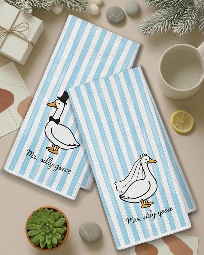 Mr and Mrs Goose Blue Striped Kitchen Towels 16x24 Inch, Wedding Gifts for Couples Newlyweds Dish Tea Towels for Kitchen Decor, Just Married Gifts Decorative Hand Towel for Bathroom, Set of 2