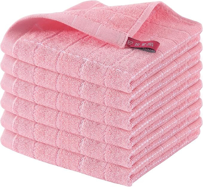 Homaxy 100% Cotton Terry Kitchen Dish Cloths, 6 Pack, Pink | Ultra Soft and Absorbent, Suitable for Drying and Washing Dishes