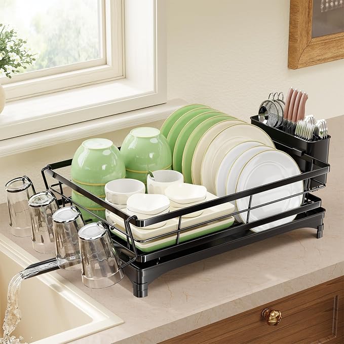 Simple Trending Dish Drying Rack for Kitchen Counter, Stainless Steel Dish Rack, Large Dish Drainer Organizer with Cutlery Holder & Cup Holders, Black
