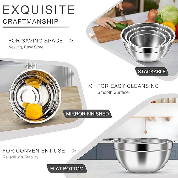 HaWare Mixing Bowls with Airtight Lids, 6-Piece Stainless Steel Salad Bowls | Strong Nesting Bowls for Cooking, Prepping, Baking, Serving & Food Storage, Stackable Design, Size 4.6, 3, 1.5QT, Khaki