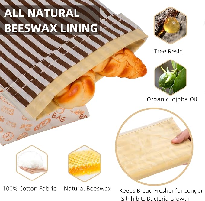 Beeswax Bread Bags for Sourdough,Bread Bags for Homemade Bread 2 Pack | Extra Large 17"×12.5", Reusable Organic Cotton Linen Bread Storage Bag,Eco-Friendly Keeps Bread Fresh Naturally