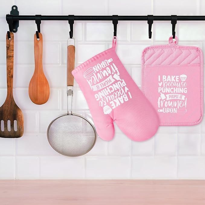 6Pcs Cotton Oven Mitts Pot Holders Funny Women Resistant Hot Pads Machine Washable Microwave Gloves with Hanging Loop Pocket Potholder for Kitchen Baking Cooking GrillingPink