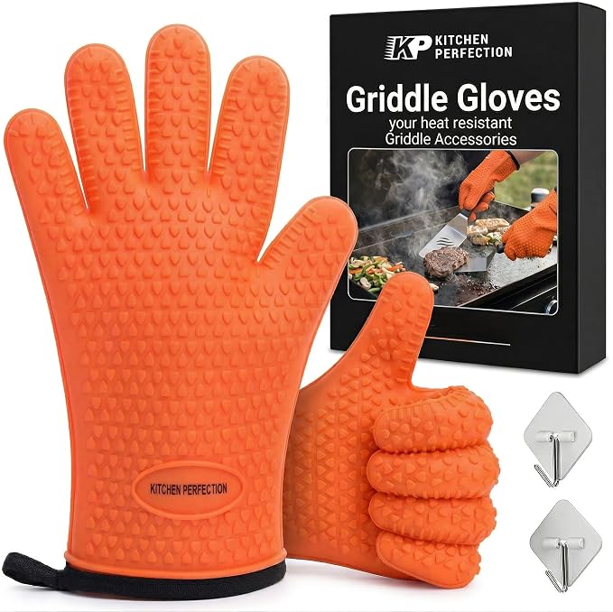 KITCHEN PERFECTION XL Silicone Griddle Gloves - Heat Resistant Oven Mitts | Waterproof, 5-Finger Design For A Better Grip, Best Griddle Grilling Accessories, Compatible with Blackstone, Weber & More