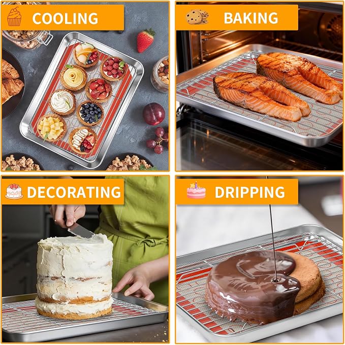 Baking Sheet Pan Set of 12, CEKEE Stainless Steel Cookie Sheets for Baking with Cooling Rack Silicone Baking Mat, Small/Quarter/Jelly Roll Pan, 9/10/12/16 Inch, Heavy Duty & Non Toxic & Easy Clean