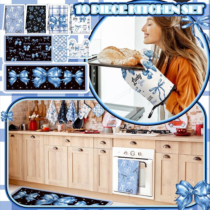Fourluoo 10 Pcs Blue Bow Kitchen Decor Set Dish Towels Kitchen Rugs Oven Mitts and Pot Holders for Cooking Baking Grilling Women Mom Gift