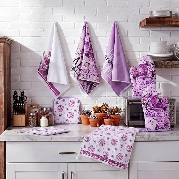 Leinuosen 8 Pcs Purple Rose Kitchen Towels and Dishcloths Sets Pot Holders and Oven Mitts Sets Absorbent Kitchen Gloves Potholders Heat Resistant for Chef Baking Cooking