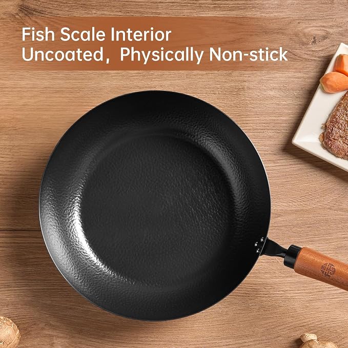 WANGYUANJI 11 Inch Carbon Steel Skillet with Lid-Flat Bottom Frying Pan for Searing & Browning,Nitrided Iron Sauté Pan with Removable Handle-Induction Compatible (No Coating,Cooks Crispier&Juicier)