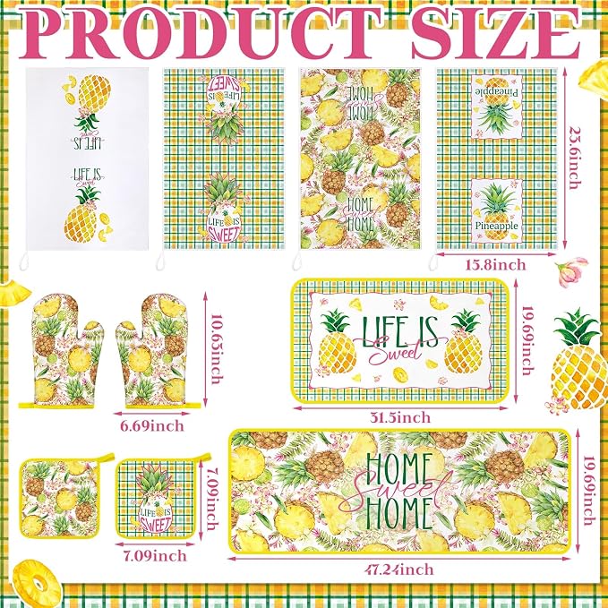 Fourluoo 10 Pcs Pineapple Kitchen Decor and Accessories Set Pineapple Kitchen Rugs and Towels Pot Holders Oven Mitts Set for Cooking Baking Mom Housewarming Gifts