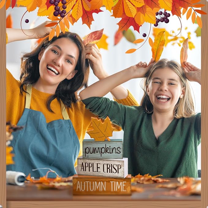 Lineshading 5 Pcs Fall Wood Block Signs Farmhouse Tabletop Decor Maple | Tiered Tray Decorations for Home, Stackable Wooden Blocks, Autumn Harvest Theme with Pumpkins Apple Crisp Text, Rustic