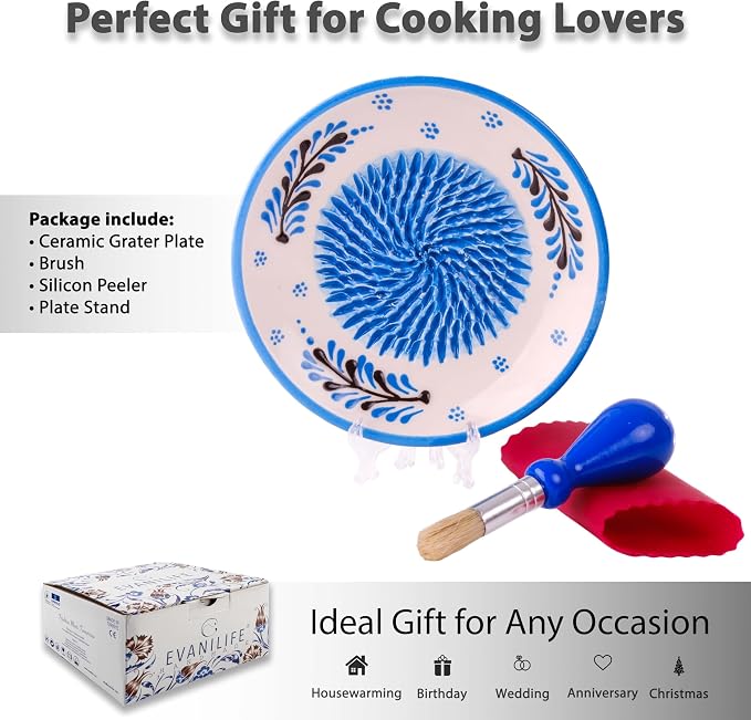 Ceramic Garlic Grater Plate - Handmade 4 Pcs Press - Natural Grinder - Decorative Mincer - Ginger, Cheese Grater - Hand Dish for Garlic (Blue)