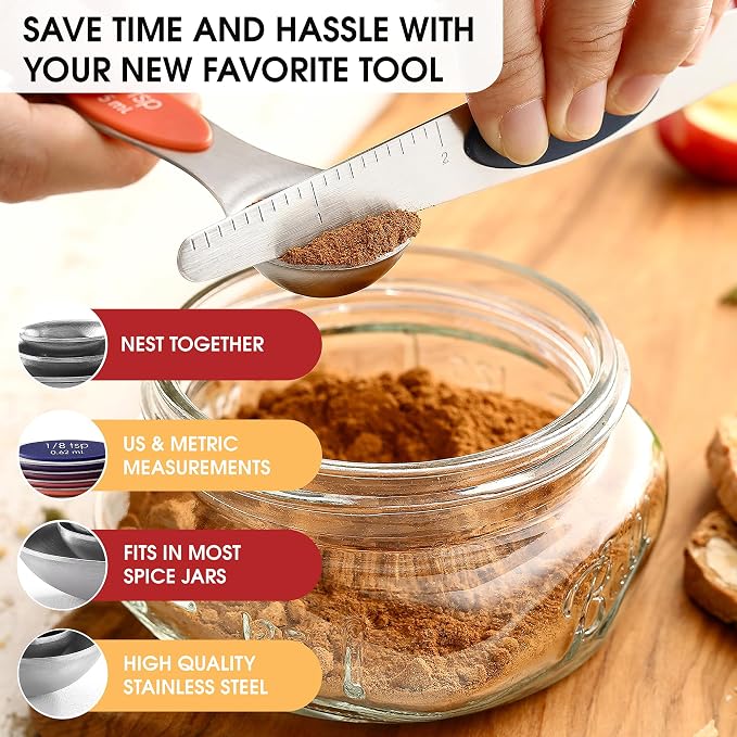 Spring Chef Stainless Steel 8 Magnetic Measuring Spoons, Mountain Sunrise | Nesting Metal Teaspoon & Tablespoon Measuring Spoons with Leveler for Dry & Liquid Ingredients, Dual Sided, Dishwasher Safe